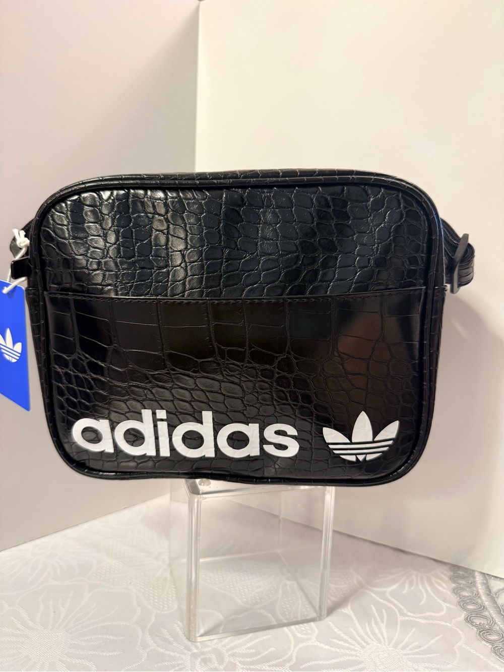 adidas Black Croc-Embossed Crossbody Bag with White Logo